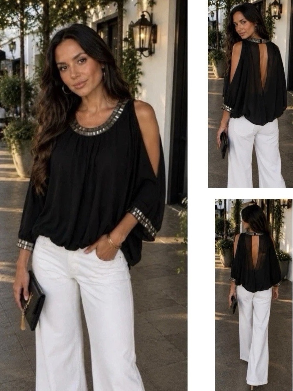 🦋🎯⚡️ BEBE Black Grommet Cut-Out Sleeves Flowy Top M